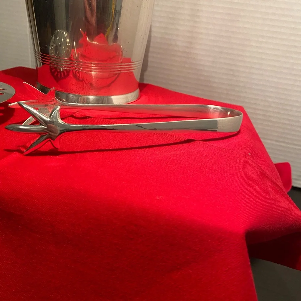 Vintage MCM Silver Plated Ice Bucket, Drainer and Claw Style Ice Tongs